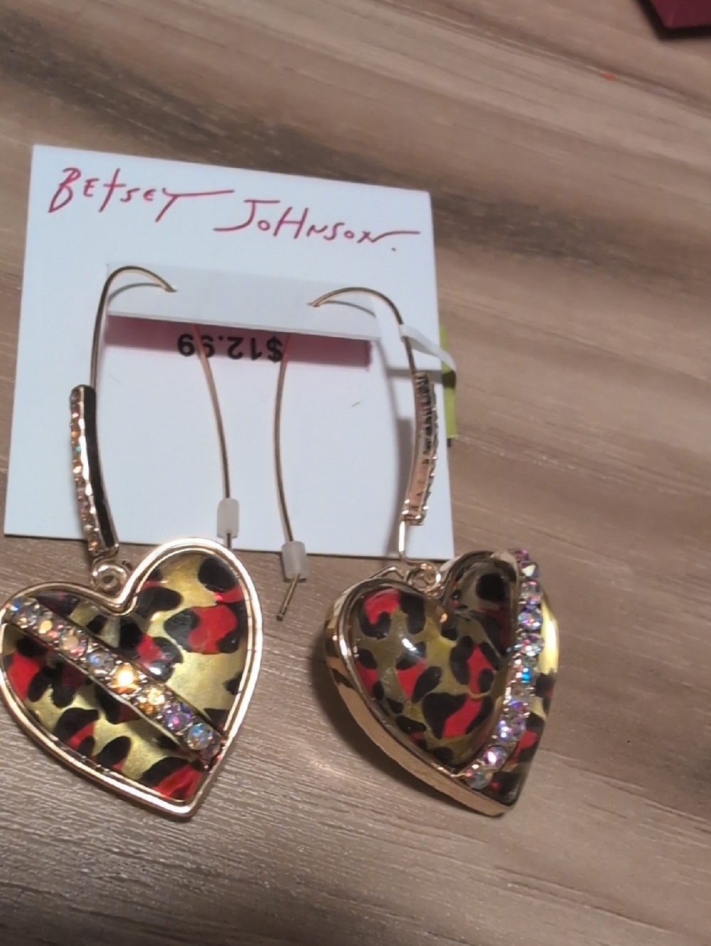 Betsey Johnson Gold-Tone Heart Leopard Print Drop Earrings with Pink Accents